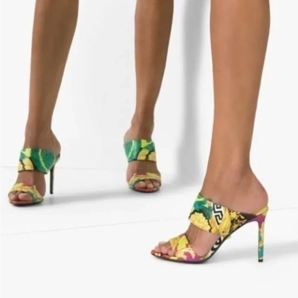 Versace Voyage Barocco Print Silk Stiletto Heeled Mules Yellow IT 40 US 10